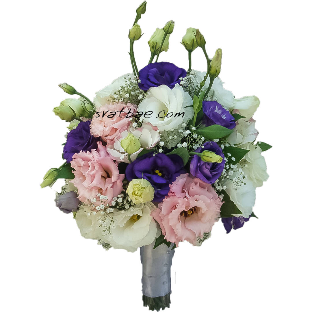 Булчински букет в бяло, лилаво и розово с гипсофил Булчински букет в бяло, лилаво и розово с гипсофил