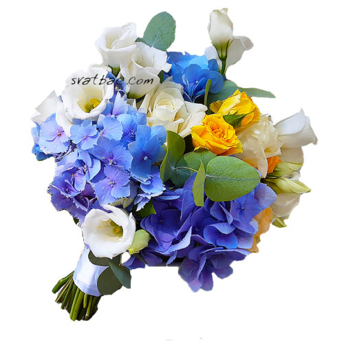 Булчински букет в бяло, синьо и жълто Булчински букет в бяло, синьо и жълто