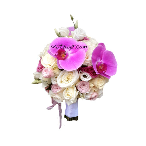 Булчински букет в бяло и цикламено с орхидеи Булчински букет в бяло и цикламено с орхидеи